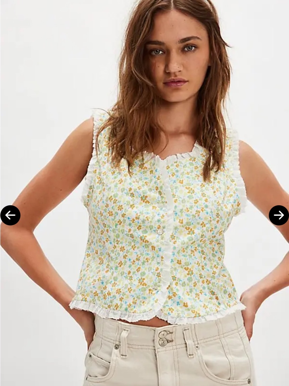 Free People Floral Ruffle-Trim Tank in White, Yellow and Light Blue